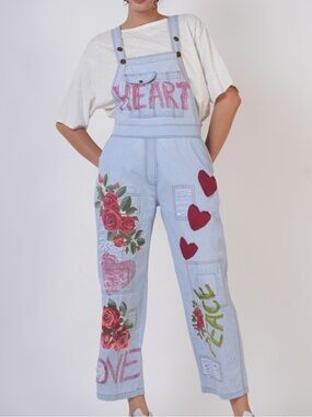 Light Blue Floral & Heart Denim Overalls with Pink 'HEART' Accent